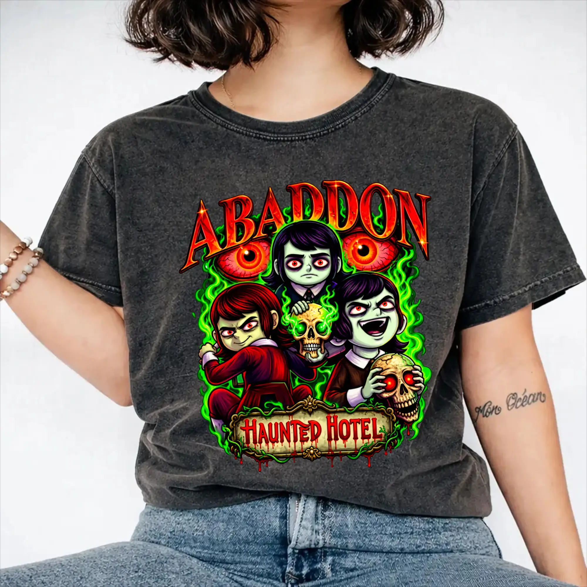 Harajuku Washed Shirts Abaddon Haunted Hotel Horror Spooky  Apparel Vintage T-Shirts Harajuku  Streetwear Short Sleeve
