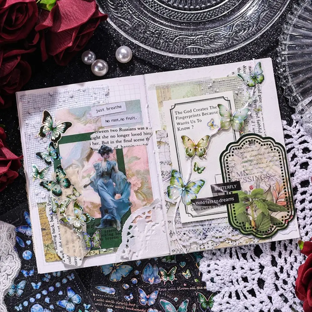 6 Pcs/Set PET Crystal Laser Butterfly Stickers Delicate Waterproof Hand Ledger Sticker Vintage DIY Scrapbooking Handbook Decal