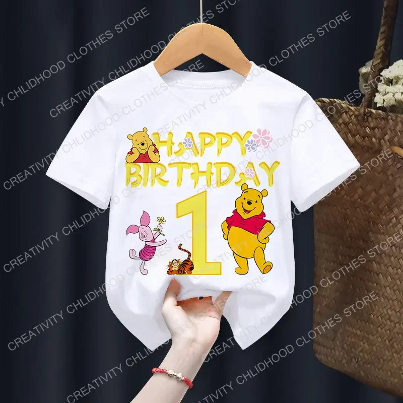 Winnie The Pooh bambini t-Shirt compleanno numero 1-12 Cartoon Boy Girl Clothes Kid Kawaii Anime Tee Shirt Little Baby Casual Top