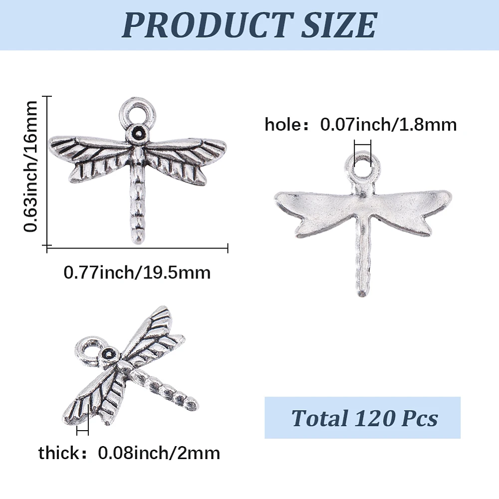 

120Pcs Style Zinc Alloy Pendants Dragonfly Silver 16x19.5x2mm Hole: 1.8mm