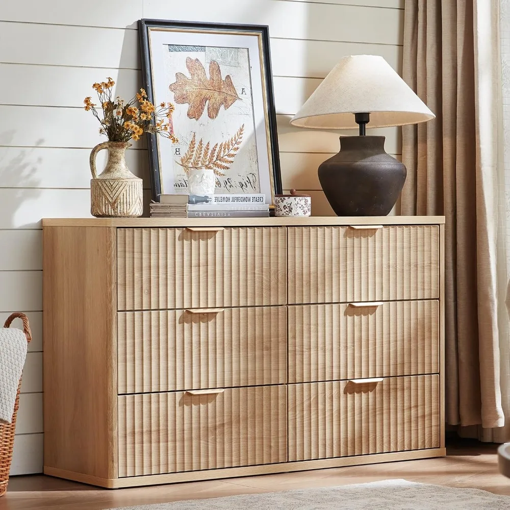 Fluted 6 Drawers Dresser for Bedroom, 48 Wide Modern Chest of Drawers with Metal Handle, Natural Curved Profile Farmhouse