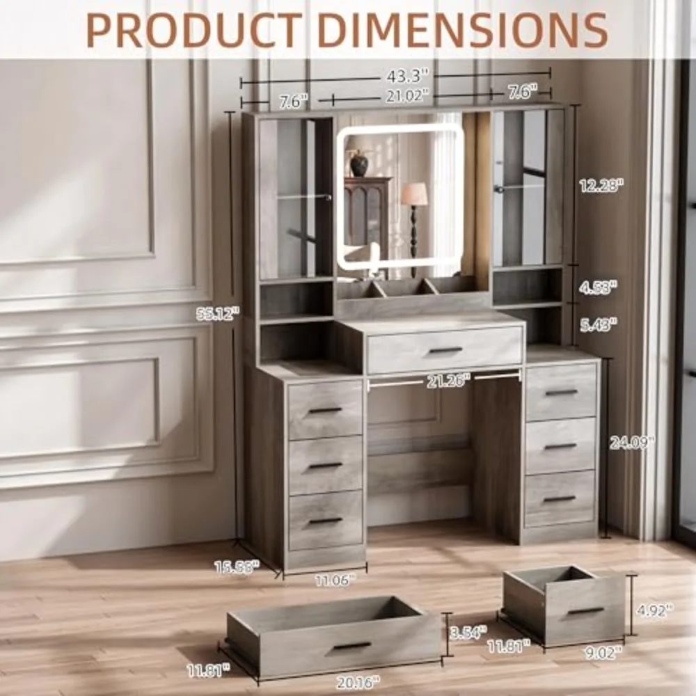 Vanity Desk with Mirror & Lights, Makeup Vanity with Power Strip, 7 Drawers & 2 Cabinets, Hair Dryer Holder, RGB