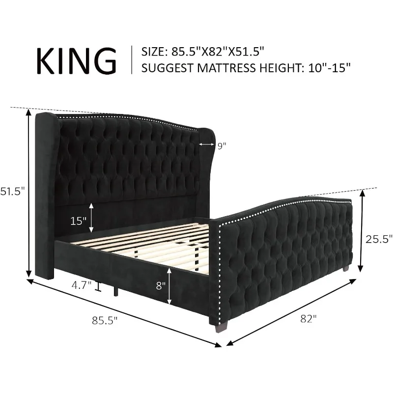 King Size Platform Bed Frame, Velvet Upholstered Bed with Deep Button Tufted & Nailhead Trim Wingback Headboard/Black