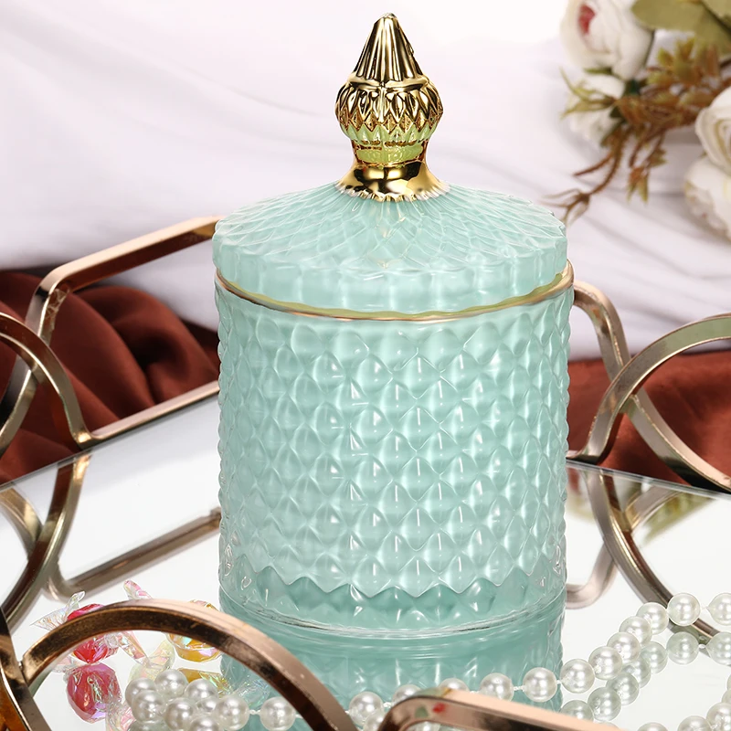 New Glass Jewelry Box Candy Jar Golden Frame Aromatherapy Candle Bottle Cotton Swab Box Food Storage Container Home Decoration