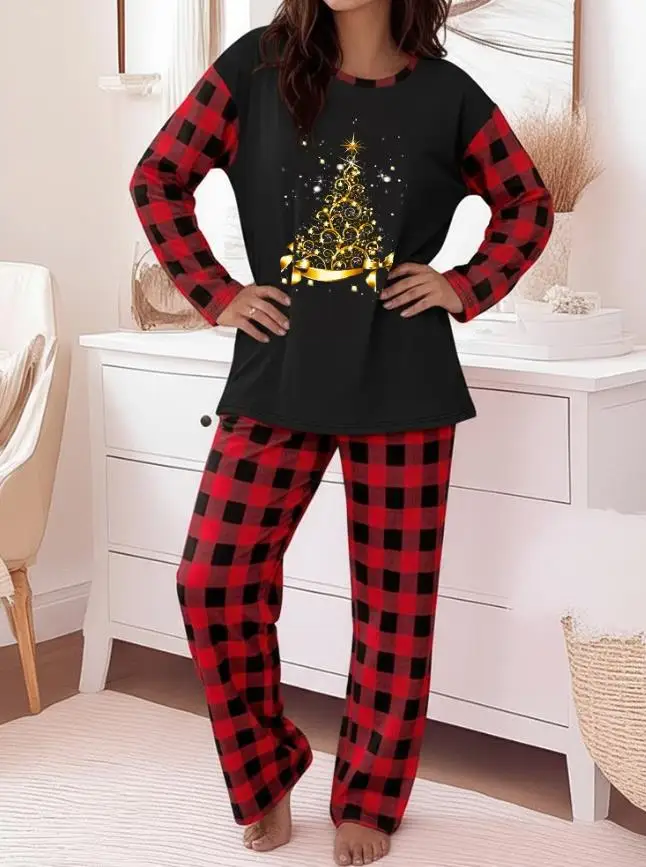 Conjunto feminino de Natal com gola redonda e estampa xadrez emendada com estampa de árvore de Natal, top de manga comprida e calças de perna reta
