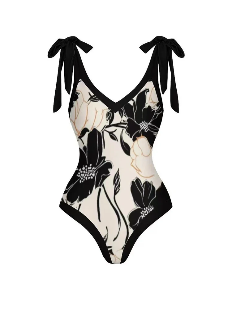 Black Printed V-neck Woman Swimsuits Sexy Backless Lace Up Swimwear 2024 Women One Piece Bikini with Mesh Beach Cover Up Skirt