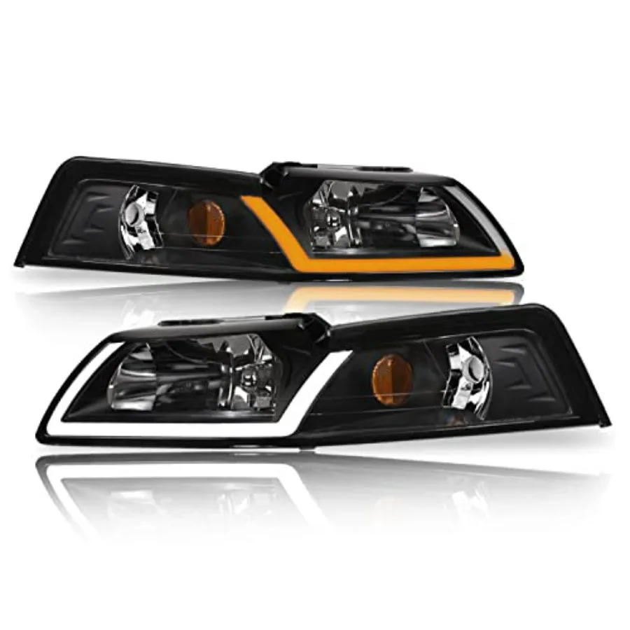 

Хрустальные фары с последовательной светодиодной панелью переключения, пусковой фонарь - черный янтарь для Mustang 1999-2004 гг.