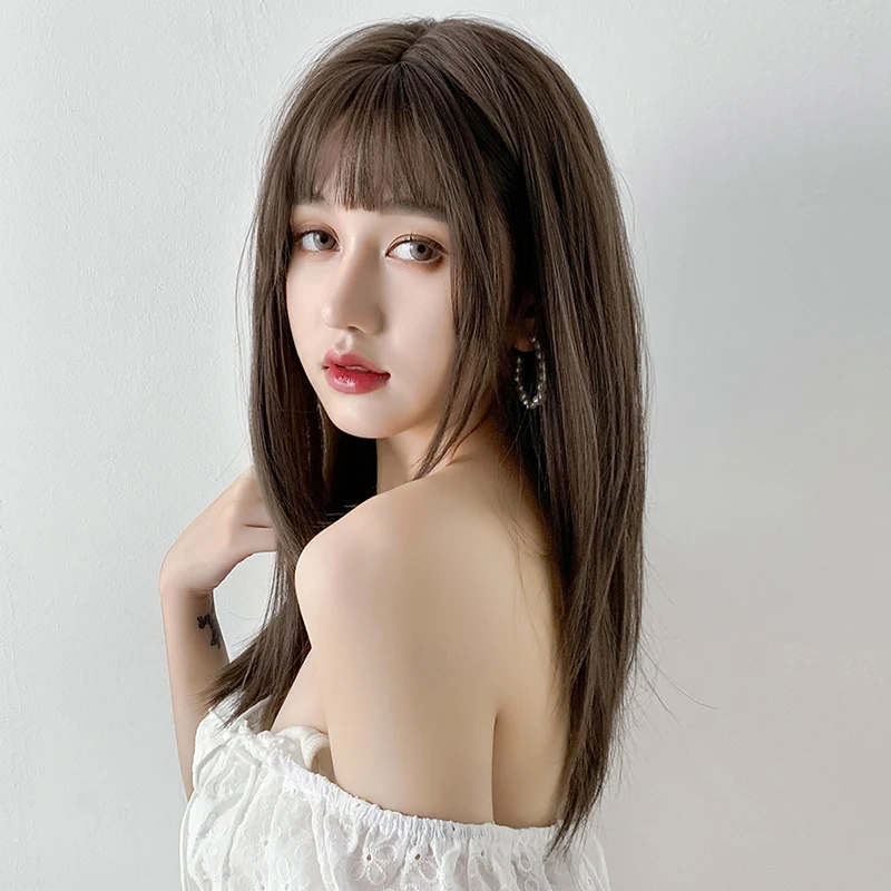 7JHH WIGS Synthetic Layered Cool Brown Wig for Women Daily High Density Long Straight Hair Wigs with Neat Bangs Heat Resistant - view 3