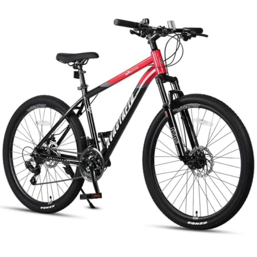 

Mountain bike for off-road use, aluminum frame, black/red/blue, 21-speed gearing and dual disc brakes for reliable stopping pow
