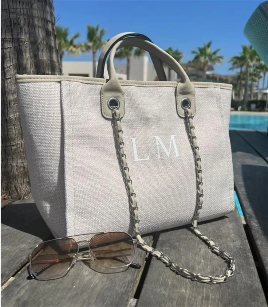 Personalised Light grey/beige Monogram Canvas Tote Bag| Initial Bag | Handbag | Beach Bag | Bride Gift | Birthday Gift Chain tot