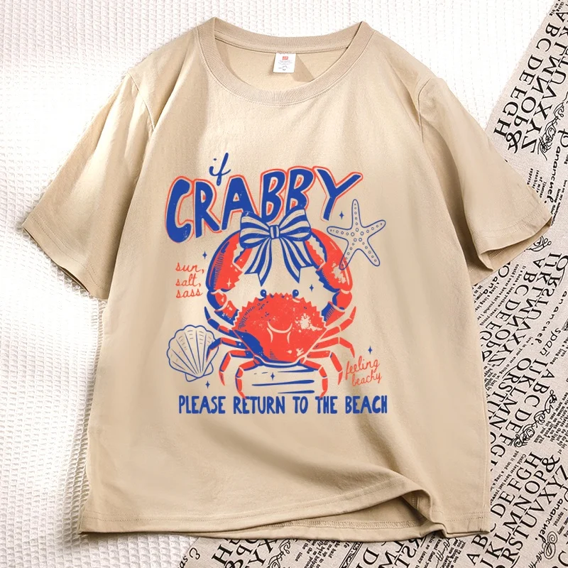 If Crabby Please Return To The Beach T-Shirt Funny Crab Lover Tee Coastal Vacation Summer Ocean Graphic T Shirts Women Clothing