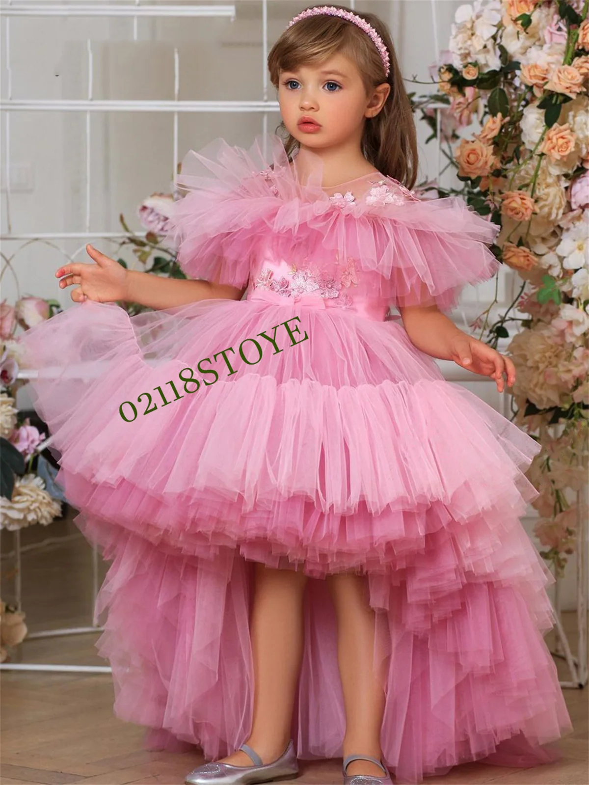 Pink Flower Girl Dresses Tulle Puffy High-Low Style Princess Dress Cute Baby Girl Party Dress First Communion