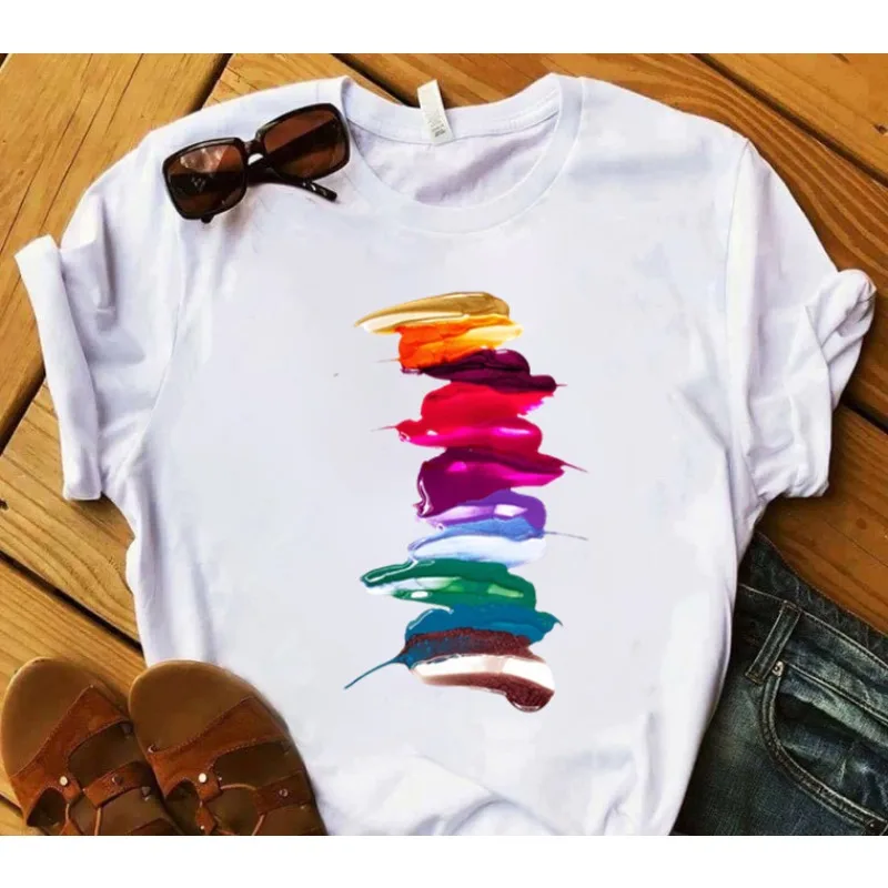 Explosive European and American Nail Polish Simple Women's Casual Cute Large Size Short-sleeved T-shirt Women Clothes Tops