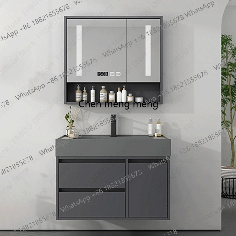 

Luxury Floating Wall Mounted Bathroom Vanity Set with Integrated Sintered Stone Sink Smart Mirror Cabinet Combo for Bathroom