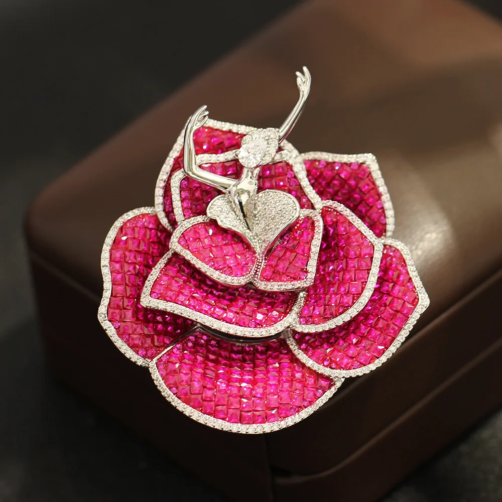 Heavy Intricate Fairy Dancer Brooch Red Blue Crystal Full Zircon Rose Lapel Pin for Women