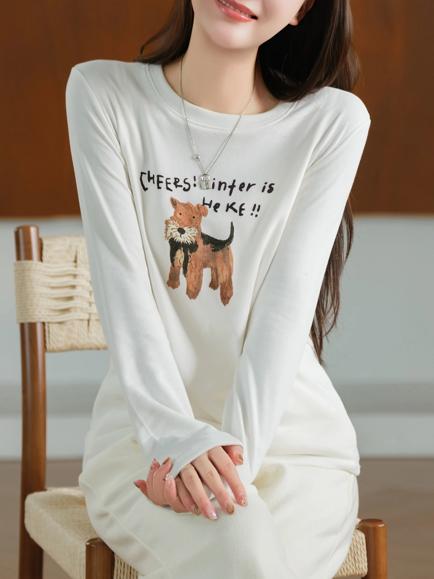 Heavyweight Double-Sided Fleece Long Sleeve T-Shirt Soft Cotton Polyester Blend Printed Doggies Fun Soft round Neck Top