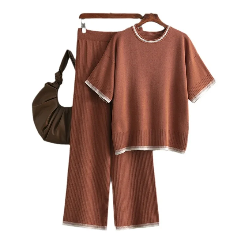 Broeksets Dames Tweedelige gebreide top Korte mouw Ronde hals Truien Patchwork Midi Taille Lange broek Dame Recht Casual
