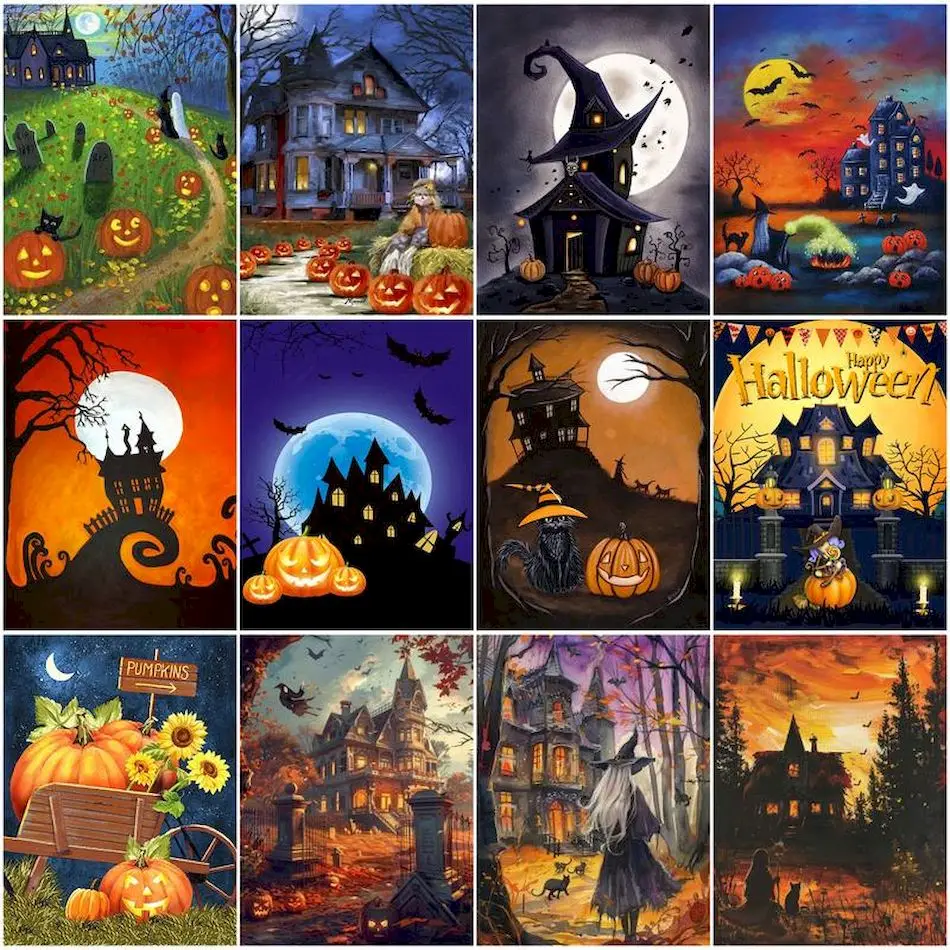 

RUOPOTY Paint By Numbers Horror Castle Halloween Digital Painting Gift Handmade For Handiwork Canvas Picture Markers By Numbers