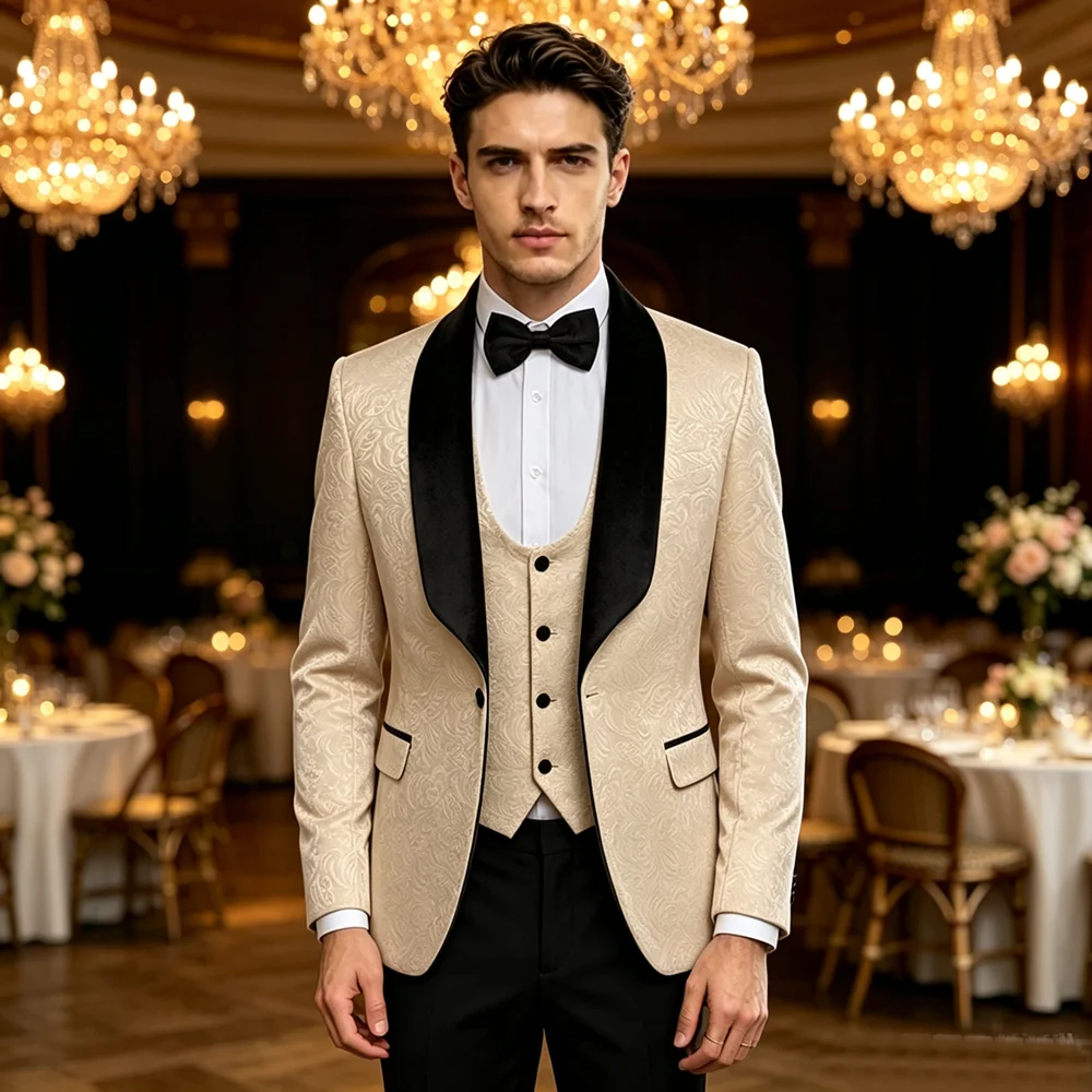 Tailor Suits Blazer Printed Groom Tuxedos Shawl Lapel Groomsman Suit Beige Wedding suit Custom Made Man Suit Jacket+pants+vest