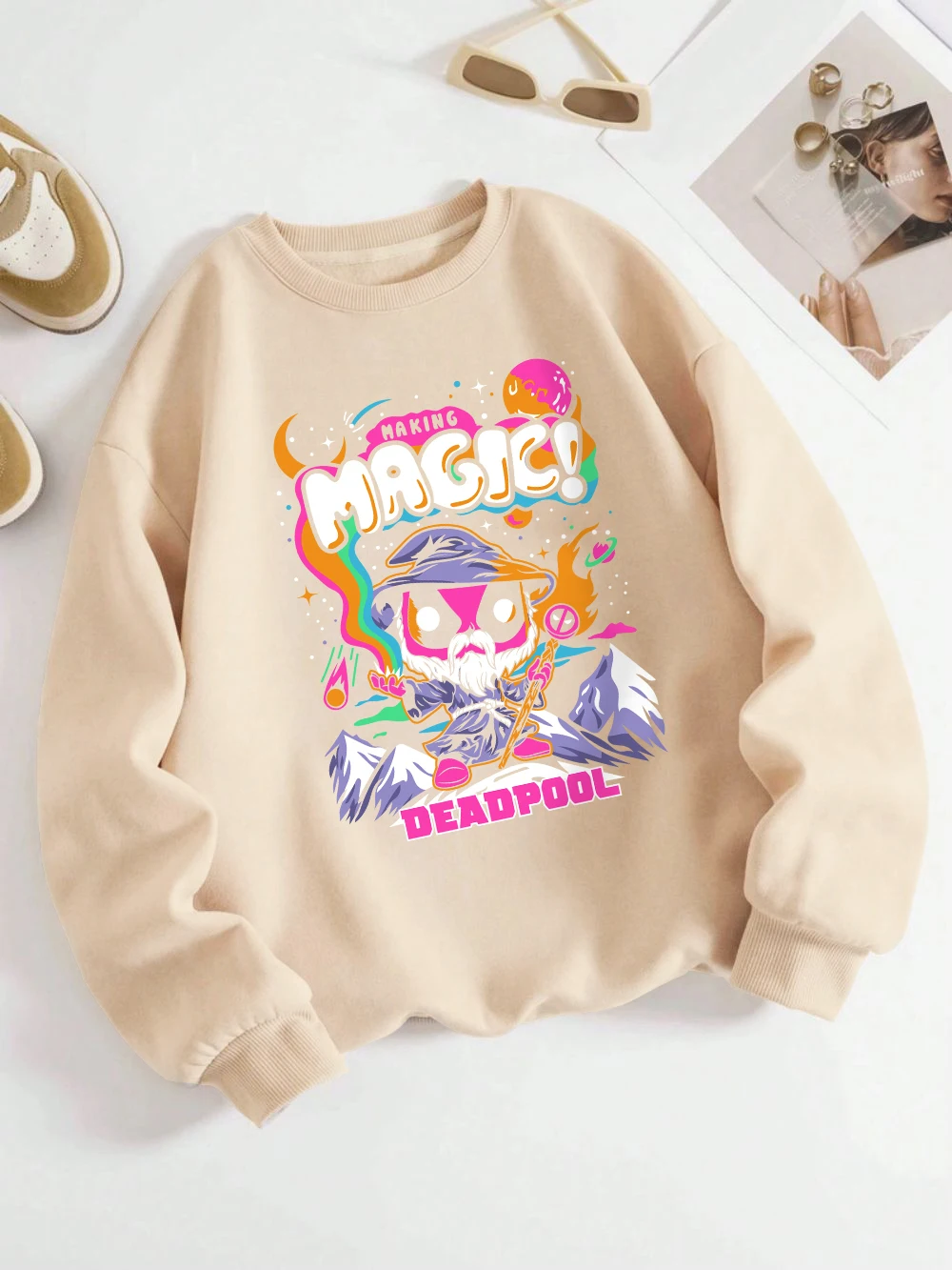 ماجيك ديدبول البلوز المرأة الرسوم المتحركة طباعة هوديي فضفاض الصوف الدافئة Crewneck ملابس الخريف مريحة المرأة البلوز