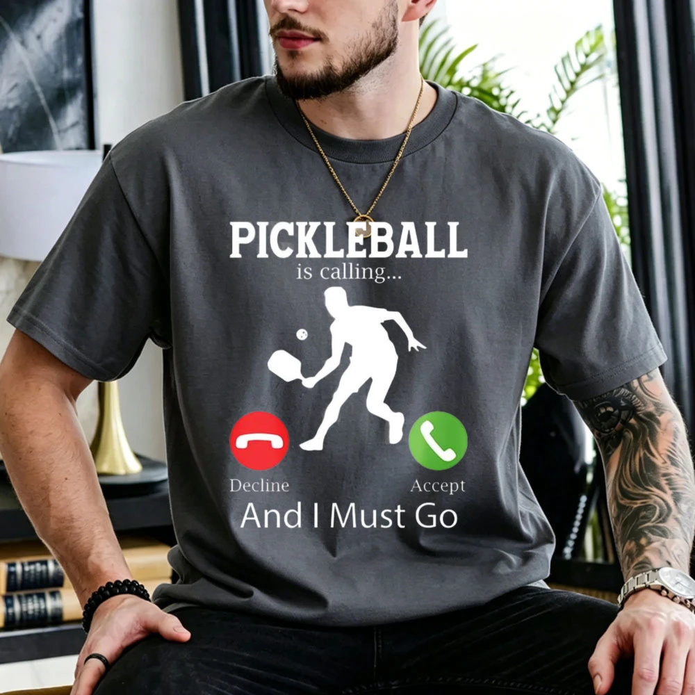 Pickleball Is Calling and I Must Go Player Silhouette Call Button Graphic Cotton T-Shirt Unisex Funny Sports Slogan Workout Tops