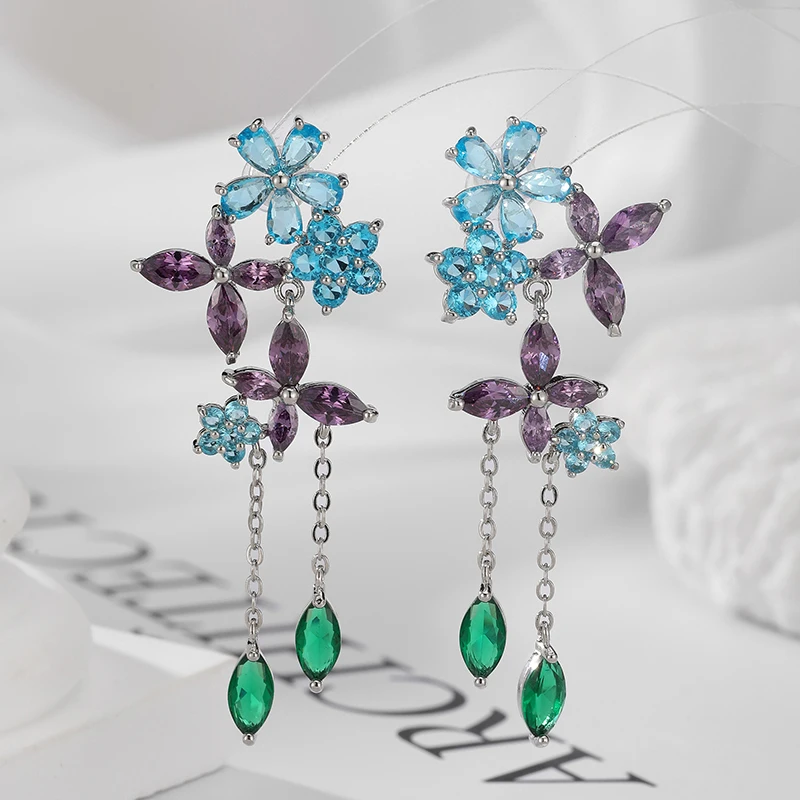 SENYU Fashion Sweet Pink Daisies Flower Long Earring Luxury Waterdrop CZ Crystal Shiny Jewelry Exquisite Bride Earrings