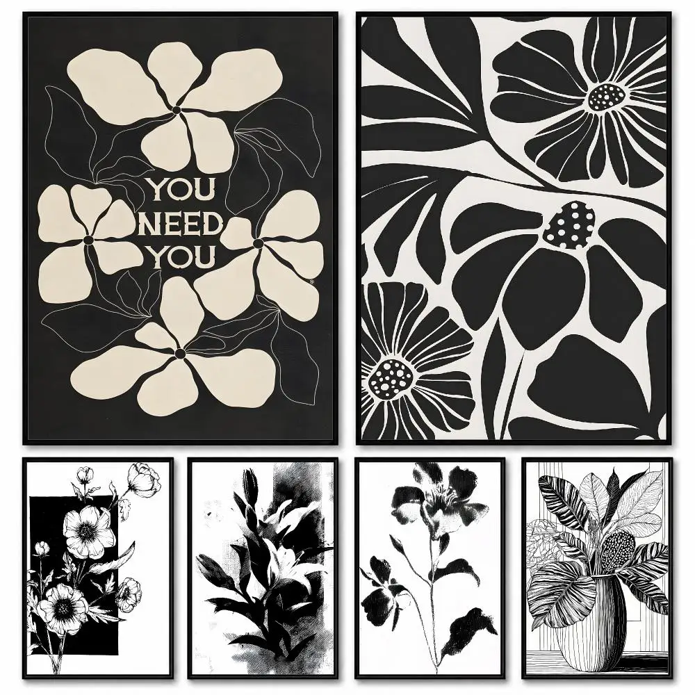 Black and White Floral Arts Poster Room Decor Home Wall Art Printing Waterproof Garage BedRoom Posters Gift