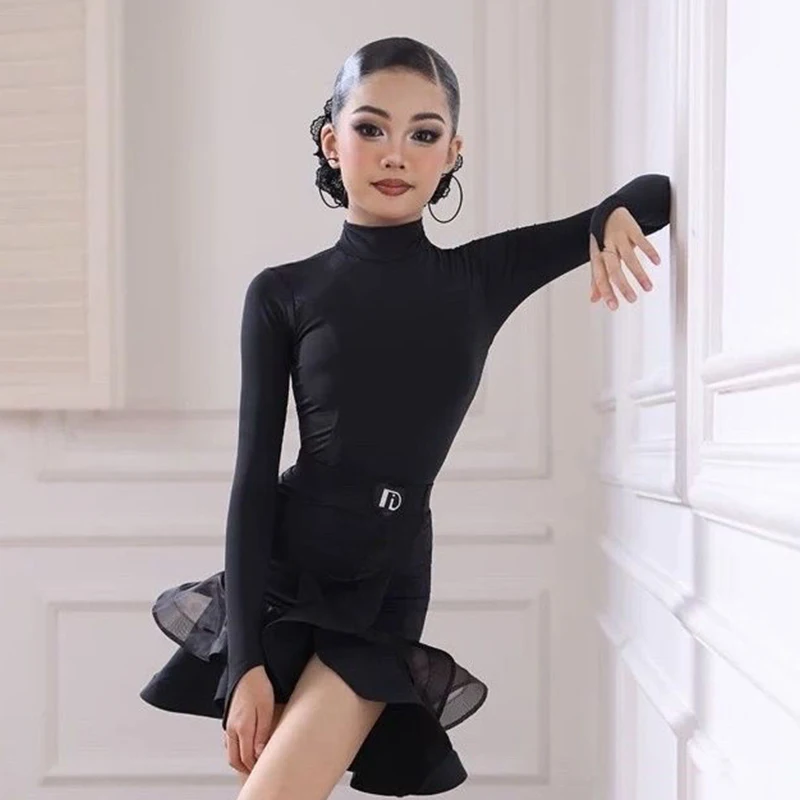 ชุดเต้นลาตินสำหรับเด็กผู้หญิง แขนยาว ผ้าตาข่าย เปิดหลัง สำหรับการแข่งขัน ชุดเต้นชาช่า แซมบ้า รุมบ้า ชุดเต้นบอลรูม