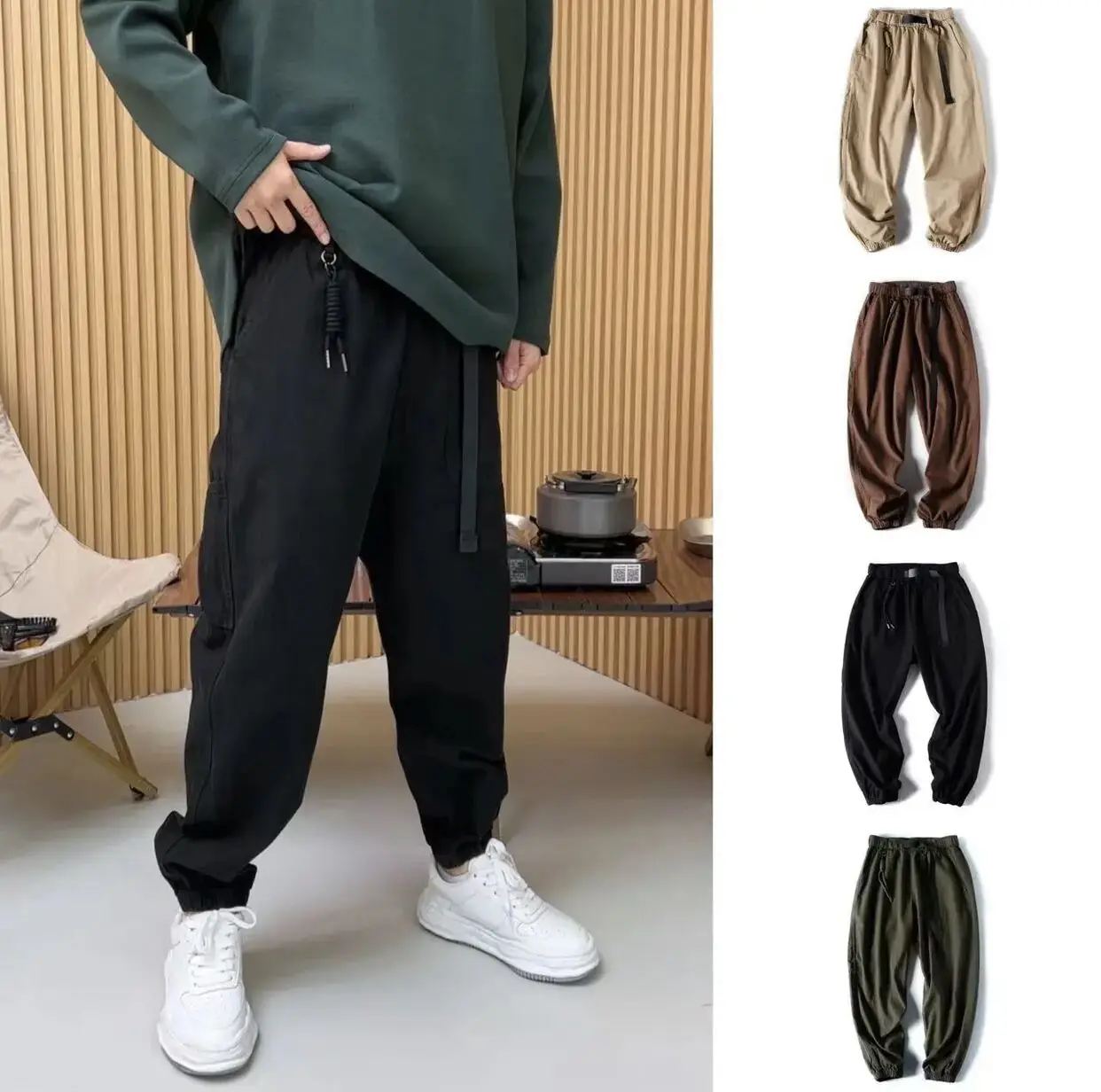 

Мужские повседневные брюки-карго в стиле ретро с широкими штанинами, на шнурке, молодежные, цвета хаки