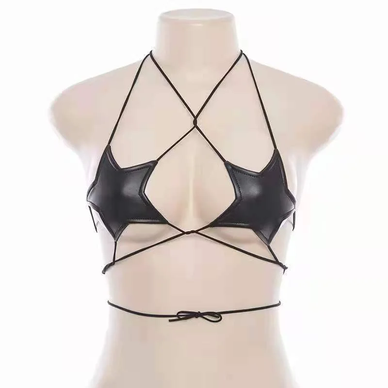 

Sexy Women Leather Star Shape Strappy Bra Bustier Crop Top Bralette Hanging Neck Bandage Bra Reflective Silver Nightclub Vest