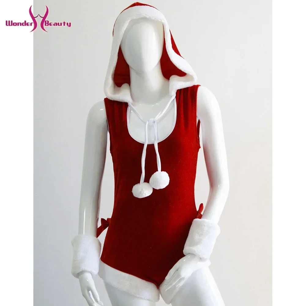 Women Christmas Santa Bodysuit Red Hooded Romper Xmas Costume Velvet Jumpsuit Holiday Party One Piece Sexy Outfit view 4