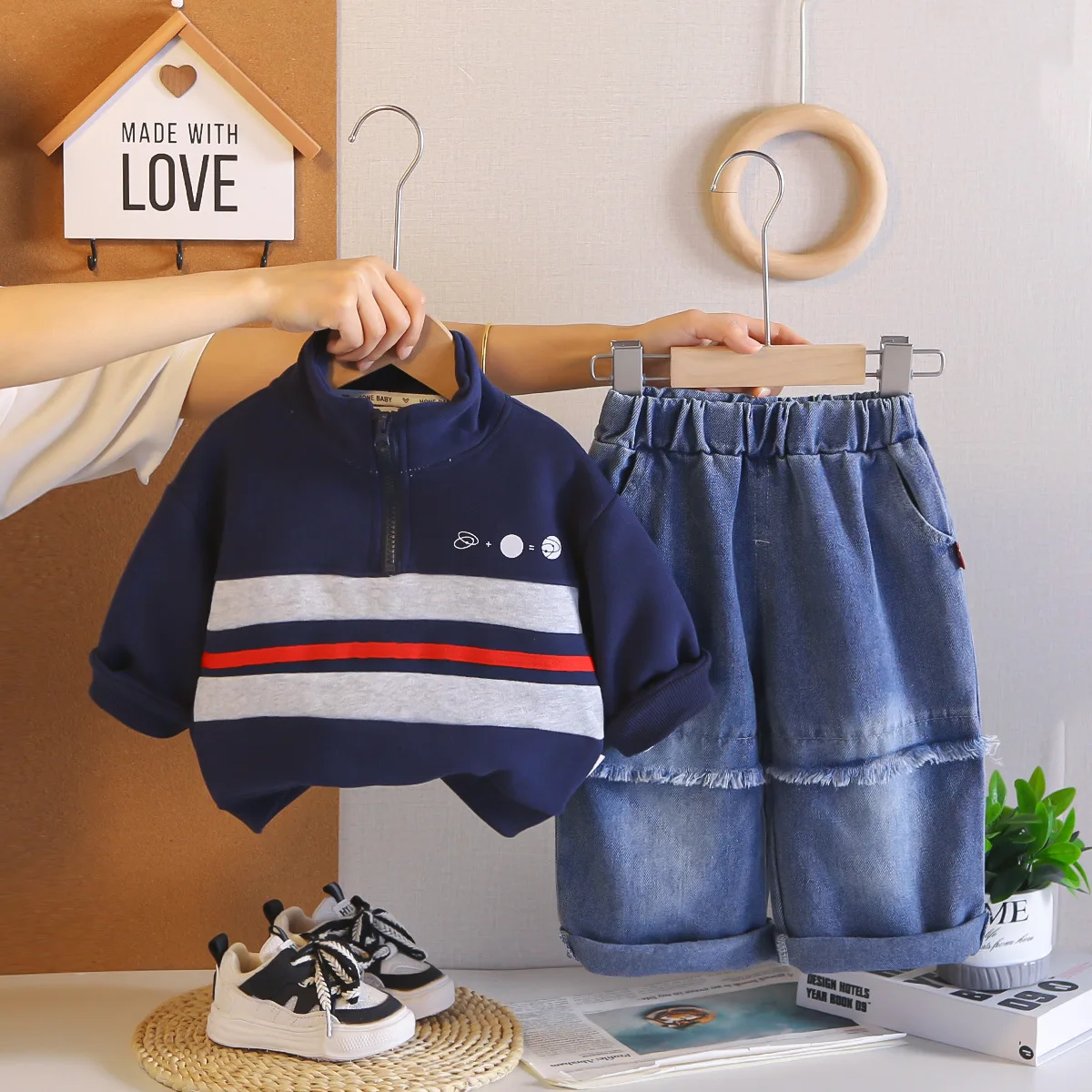 Children's Clothing 2026 Spring Autumn Korean Baby Boys Outfit Sporty Standing Collar Half Zipper Hoodies and Pants 2 Piece Set