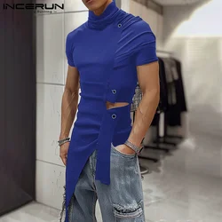 INCERUN Tops 2024 American Style Men Deconstructive Design Metal Buckle T-shirts Fashion Male Solid Short Sleeved Camiseta S-5XL