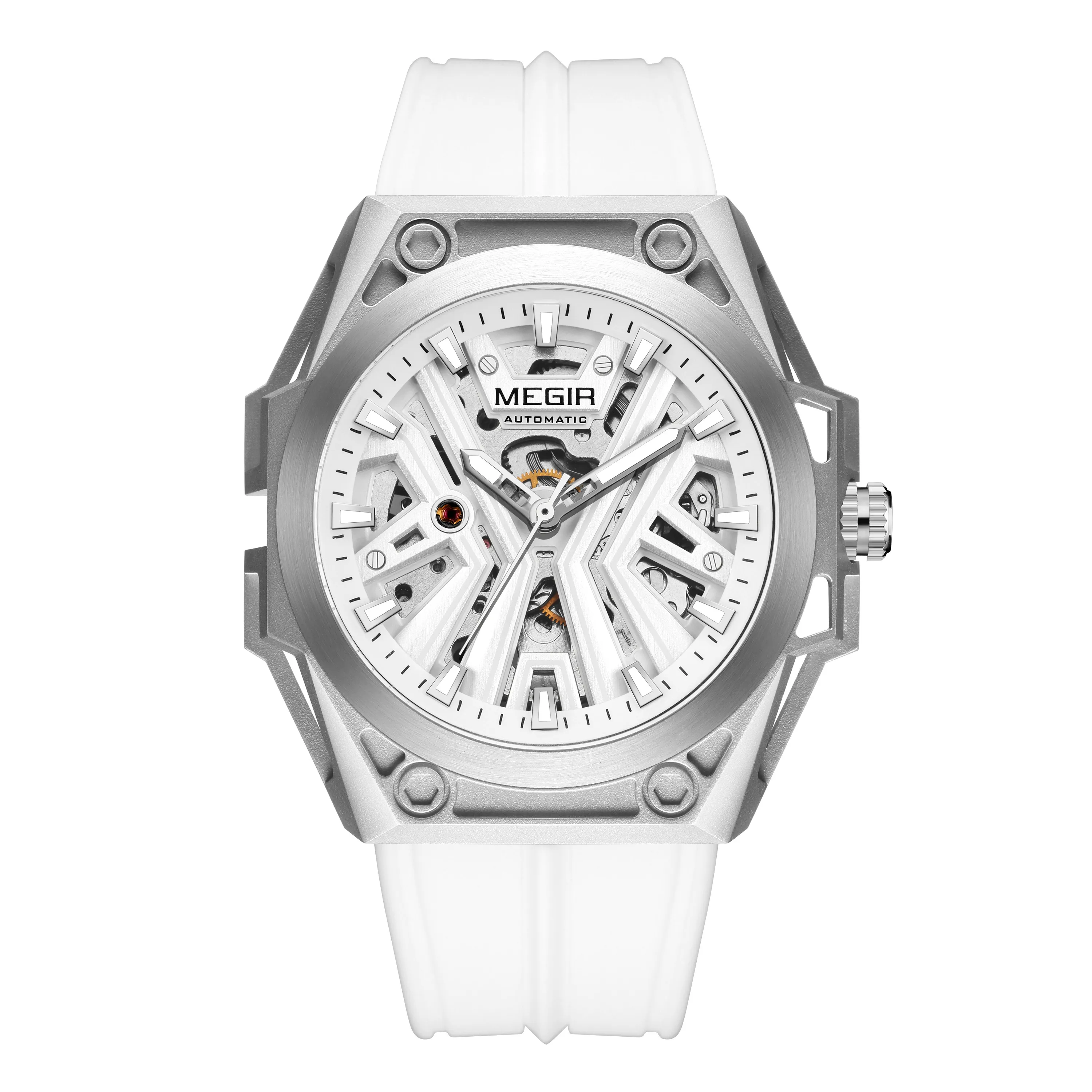 MEGIR New Stainless Steel Case Skeleton Mechanical Watch Waterproof Luminous Men Fully Automatic Wristwatch Silicone Strap Watch