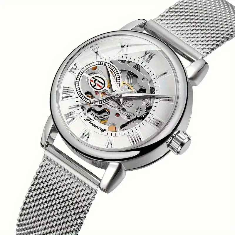 Visually Appealing Women's Mechanical Watch - Stainless Steel Mesh Band, Transparent Roman Numeral Dial and Visible Mechanical Movement, Perfect Gift for Her, No Batteries Needed