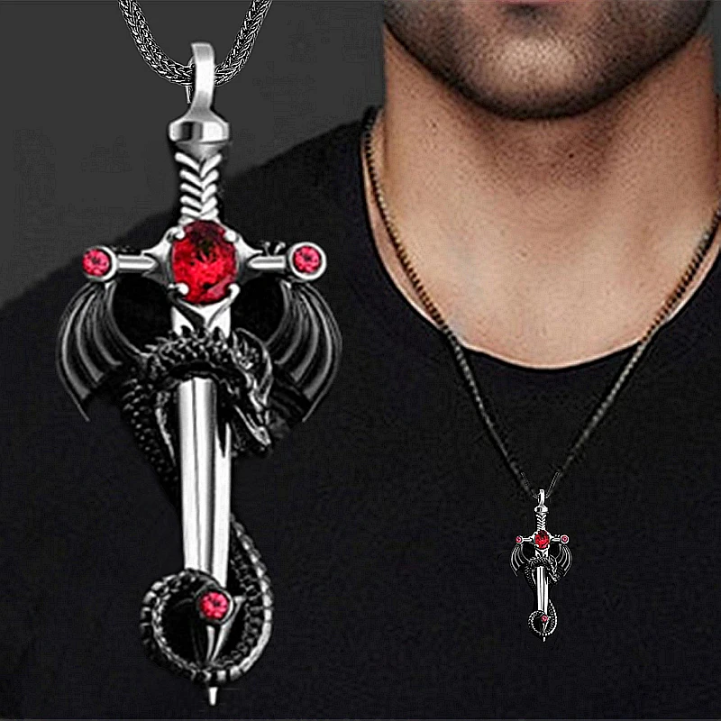 Fashion Men Dragon Sword Necklace Sword Black Dragon Pendant Hip Hop Necklaces for Men Animal Jewelry Party Anniversary Gift