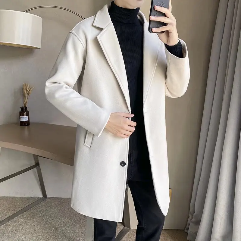 Light wind spring and autumn long woolen coat men\'s Korean version trend slim trench coat woolen coat