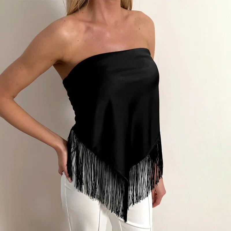 

Trendix Black Tassel Tube Tops Women Summer High Street Slim Off Shoulder Tank Top 2026 Vacation Party Club Sexy Backless Tops