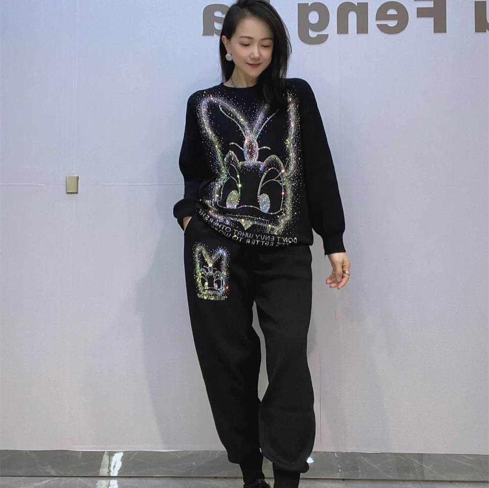 

Черные комплекты с мультяшными бриллиантами и длинными брюками, женский весенний спортивный костюм, свободные повседневные комплекты из двух предметов, женские наряды Костюм Женский