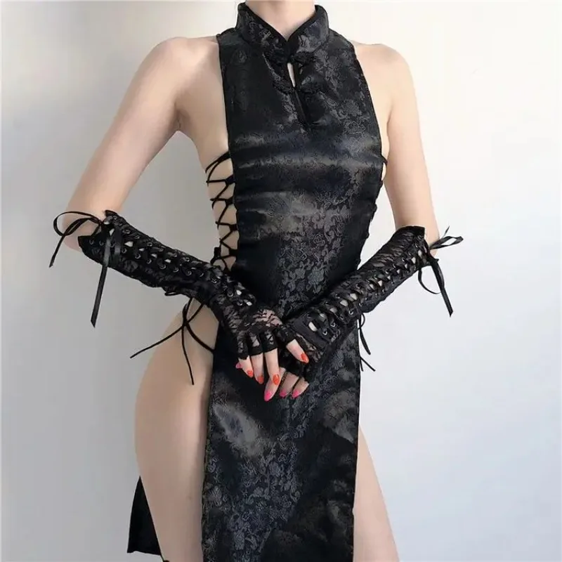 Gaun Qipao balutan Mini dengan celana dalam wanita Lingerie seksi Tradisional Cina kostum Cosplay seragam Cheongsam