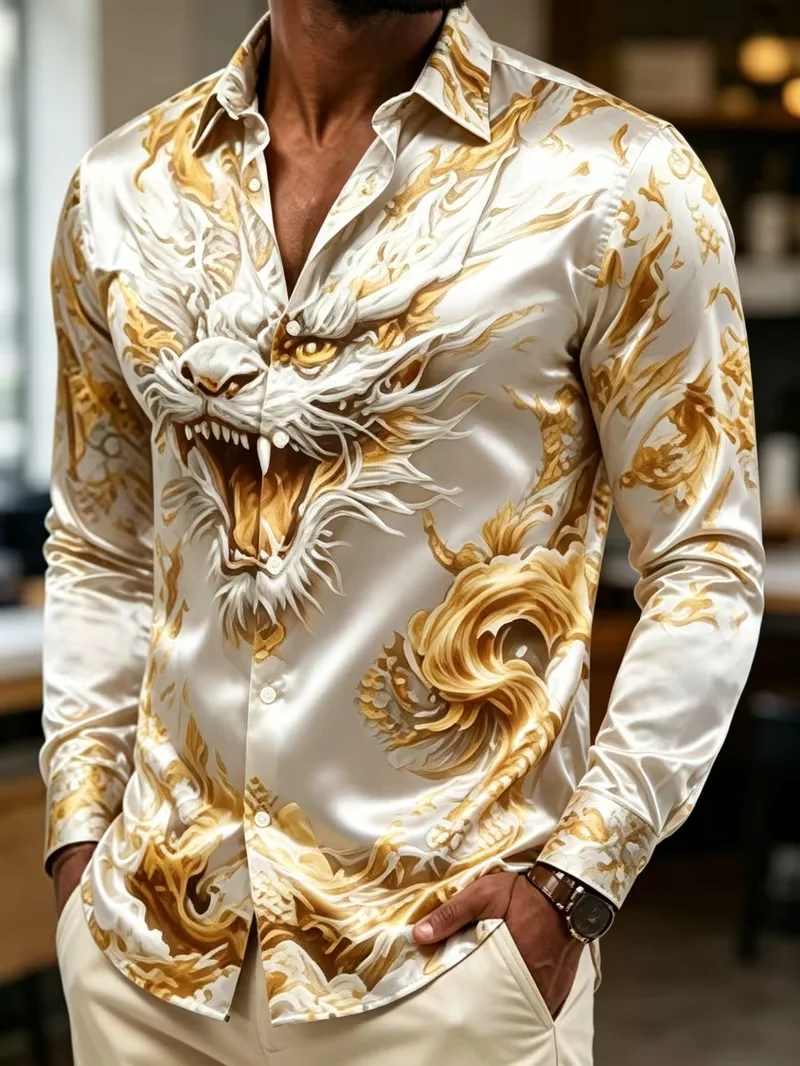 New Gilded Dragon Wave National Style Printed Long Sleeve Shirt with Smooth Drop and Satin Collar for Men