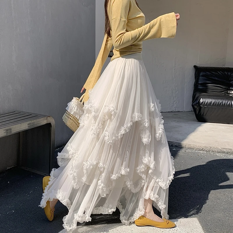 Women's High Waist A-Line Skirt with Wood Grain Ruffle Mesh Panel Slimming Asymmetrical Long Casual Skirt for Spring Autumn