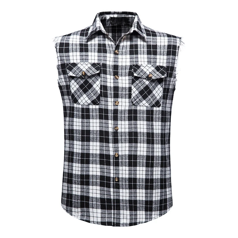 Summer Casual Flannel Plaid Shirt Men Cotton Plus Size Sleeveless Double Pocket Beach Party Sleeveless Shirt Vest Checkered Top