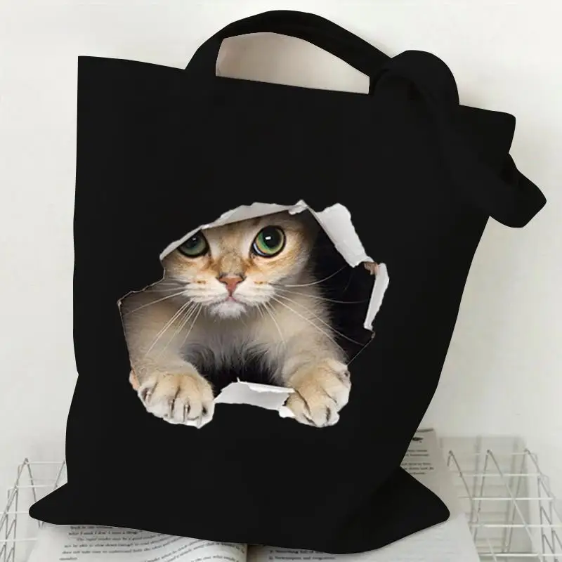 

Funny 2D Cat Canvas Tote Bag for Women Cute Kawaii Cat Peeking Reusable Shoulder Bag Cat Gift for Cat Lover Fashion Shopping Bag