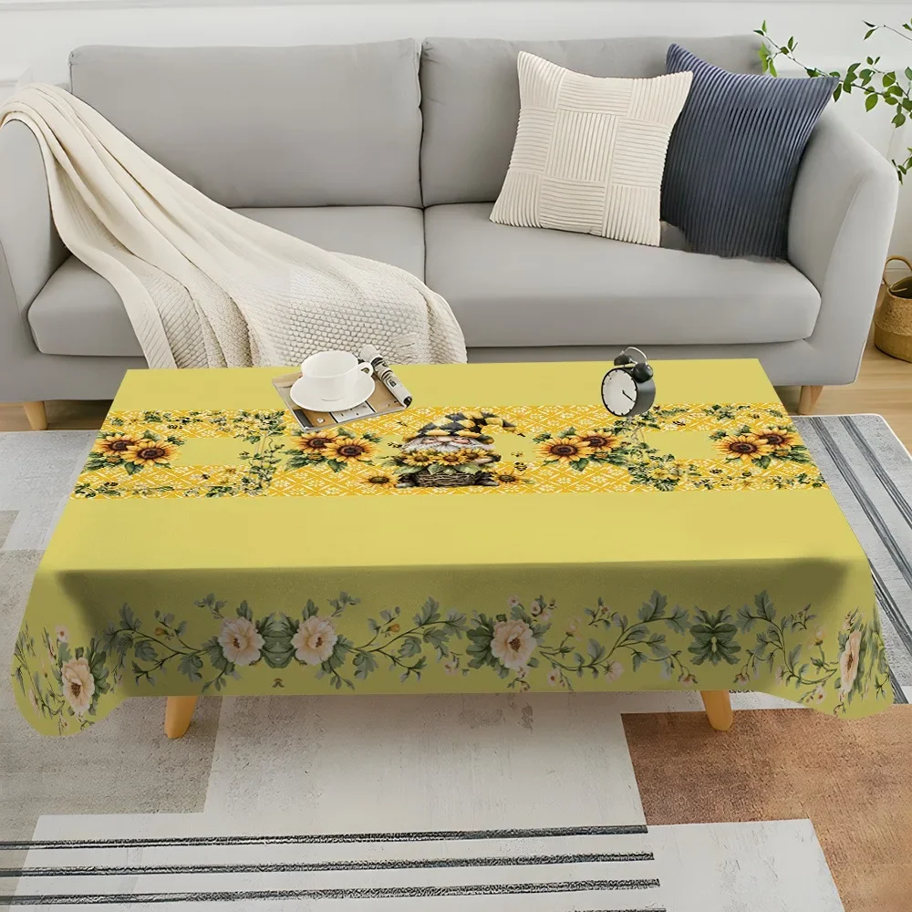1pc Vibrant Sunflower Pattern Tablecloth - Yellow flower design, with green leaves, square polyester fabricxzj