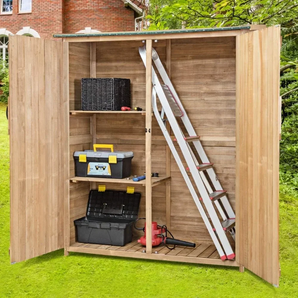 Outdoor Storage Cabinet, Wooden Garden Shed with Double Lockable Doors & Lean-to Roof, Vertical Tool Organizer