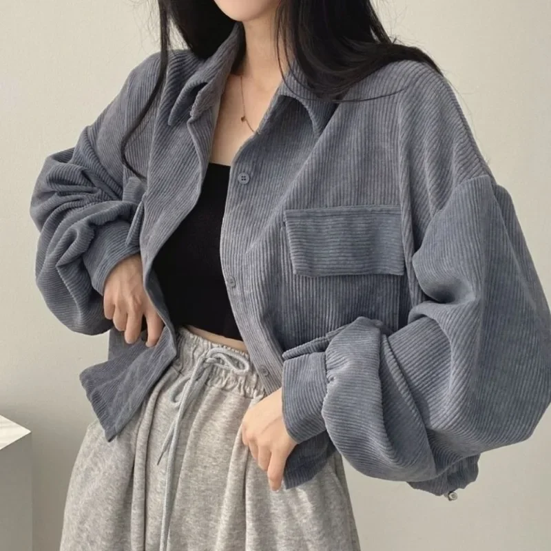 

Jackets Women Corduroy Vintage High Street Crops Korean Fashion College Spring Outerwear Temperament Chic Pure Clothing Harajuku