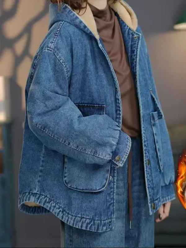 

Winter Thiened Hooded Denim Casual Loose Women's Cotton Jaet Pure Color Splicing Lamb Fur Casual Retro Sle Long Sve