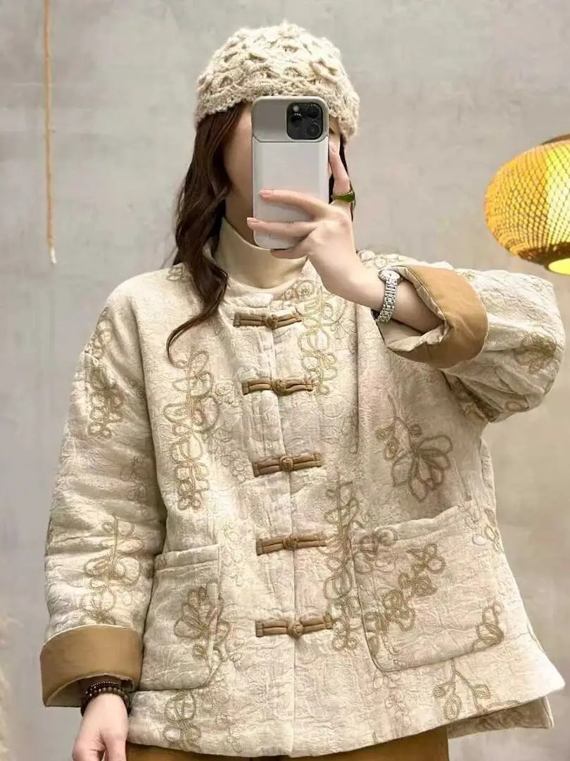 새로운 중국 스타일 자수 면 재킷 여성용 겨울 신상 레트로 민족 스타일 단추 개선형 탕복 면 코트