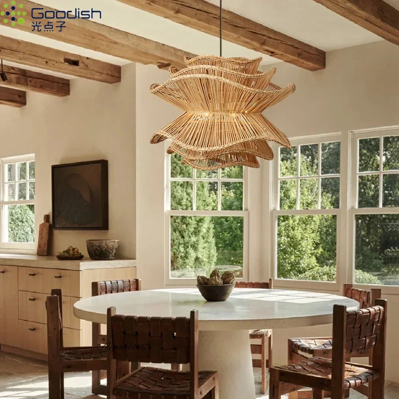 Lámpara colgante LED Goodish WabiSabi, lámparas nórdicas de ratán de bambú japonés para sala de estar, comedor, dormitorio, arte, decoración del hogar, candelabro